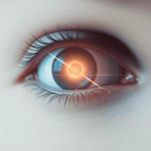 A glowing eye symbolizing clarity, surrounded by a soft background with subtle laser beams and abstract tech elements, conveying safety and innovat...