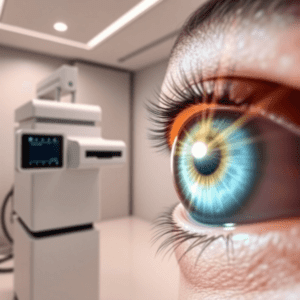 A high-tech eye surgery room with a femtosecond laser machine and a close-up of an eye, showcasing bright, clear vision effects in a sleek, clinica...