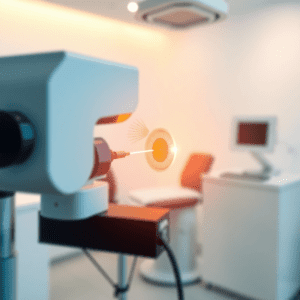 A modern eye clinic with advanced laser equipment in the foreground, showcasing a close-up of an eye being examined, surrounded by calming colors f...