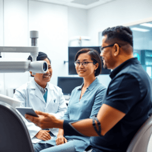 A modern eye clinic with advanced laser equipment, featuring a caring ophthalmologist explaining LASIK surgery to an attentive patient in a profess...