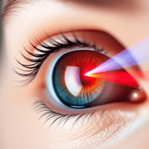 Close-up of a human eye with vibrant reflection and sharp clarity, featuring a laser beam, symbolizing precision in PRK surgery against a soft blur...