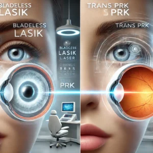 dall·e 2024 12 30 13.48.37 a visually engaging image comparing bladeless lasik and trans prk. on one side, show a representation of bladeless lasik with a corneal flap being cre